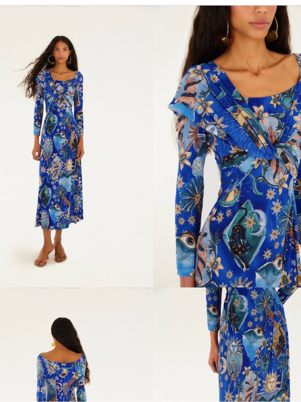 NWT FARM Rio Blue Floral & Celestial Long Sleeve Maxi Dress